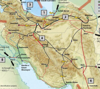 伊朗鐵路圖-黑色已有，紅色為在建，虛規