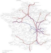里昂帕丟站通達範圍（藍為慢車，紅為TGV）