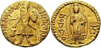迦膩色伽發行的金幣 正面是自己 背面為佛陀形象 使用希臘字母