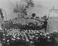 大白艦隊歸航后，西奧多·羅斯福總統在康涅狄格號戰列艦上講話