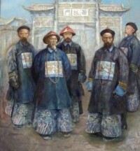 油畫《敕治兩江》，居中者為左宗棠，左二為李鴻章