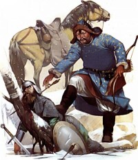 蒙古人（右）射殺歐洲兵（左）