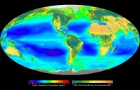 由SeaWiFS項目，NASA / 戈達德太空飛行中心和ORBIMAGE進行的全球海洋和陸地光自養生物丰度的假彩色合成。
