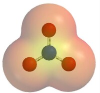 硝酸根離子的靜電勢能圖，可以看出氧原子聚集了大部分的負電荷。