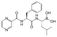 蛋白酶體抑製劑硼替佐米的化學結構。採用硼替佐米的化學療法可以有效地治療多發性骨髓瘤。