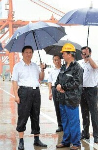 習近平冒雨來到武漢新港陽邏集裝箱港區