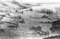 鳥瞰鹿兒島城與英國海軍艦艇相互炮擊