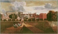 德國畫家Hendrick Danckerts於1675年所繪的懷特霍爾宮，角度是從西邊的聖詹姆士公園遠眺懷特霍爾宮，國宴廳與騎兵衛隊總部則位於左側