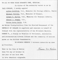 德瓦雷拉總統1921年簽署的委任狀