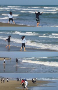 雨霧浸沒長灘朦朧，只是一片海浪浪。