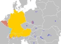 以德語為母語的地區分布圖（黃色區域）